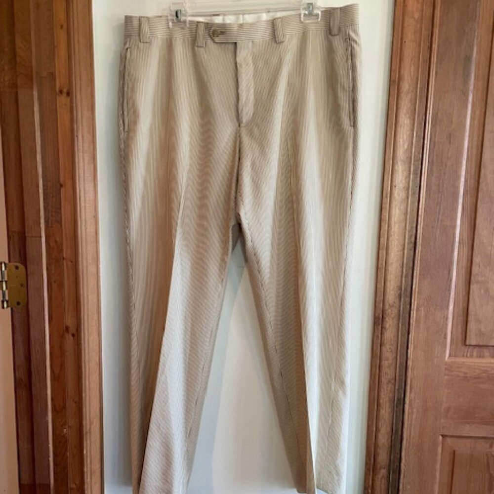 RALPH LAUREN Tan White Seersucker Flat Front Trousers 36x30